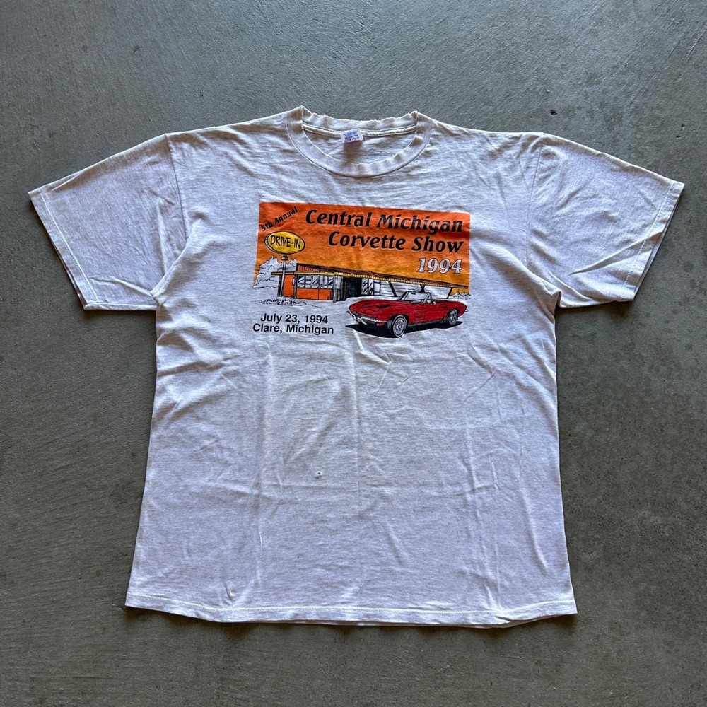 Vintage 90s Central Michigan Corvette Show Shirt Size XL Gray 1994 Muscle Car